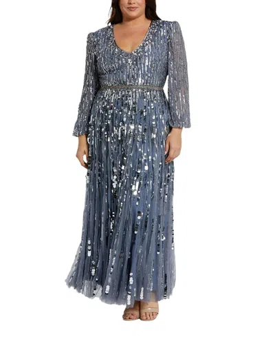 Mac Duggal Long Sleeve Beaded Crystal Deep V Neckline Gown In Slate Blue