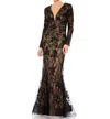 Mac Duggal Long Sleeve Beaded Lace Dress In Black/nude In Black