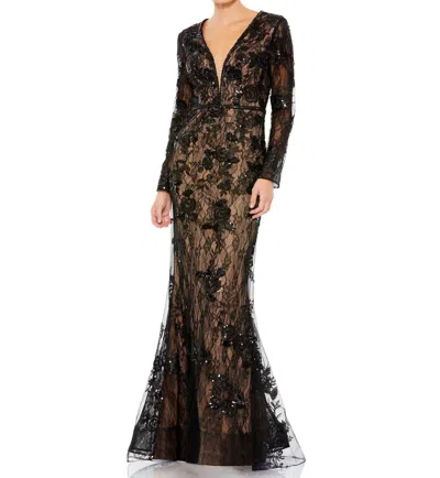Mac Duggal Long Sleeve Beaded Lace Dress In Black/nude