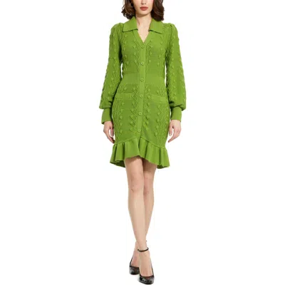 Mac Duggal Long Sleeve Bobble Knit Collared Button Up Dress In Pear
