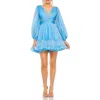 Mac Duggal Long Sleeve Chiffon Cut Out Mini Dress In Blue