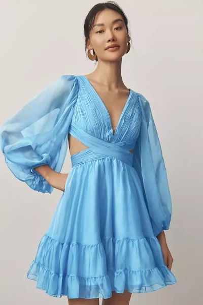 Mac Duggal Long-sleeve Chiffon Cutout Mini Dress In Blue