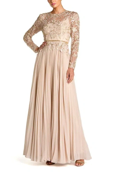 Mac Duggal Long Sleeve Chiffon Embellished Gown In Brown