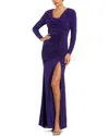 Mac Duggal Long Sleeve Cowl Neck Jersey Gown In Blue