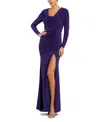 Mac Duggal Long Sleeve Cowl Neck Thigh High Slit Detail Jersey Gown In Indigo