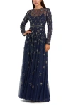 Mac Duggal Long Sleeve Crystal Embellished Evening Gown In Blue