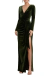 Mac Duggal Princess Sleeve Cut Out Metallic Gown In Olive