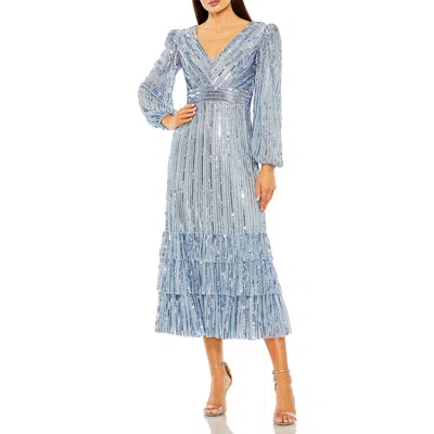 Mac Duggal Long Sleeve Deep V Tiered Ruffle Sequin Dress In Blue