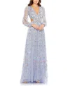 Mac Duggal Long Sleeve Embellished Cut Out A-line Gown In Periwinkle
