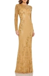 Mac Duggal Long Sleeve Embellished Evening Gown In Gold