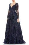 Mac Duggal Midnight Long Sleeve Embellished Evening Gown In Midnight