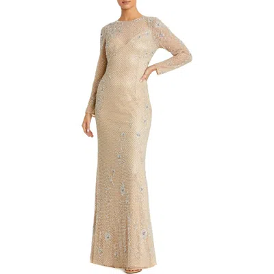 Mac Duggal Long Sleeve Embellished Evening Gown In Neutral