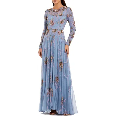 Mac Duggal Long Sleeve Embellished Floral A-line Evening Gown In Blue