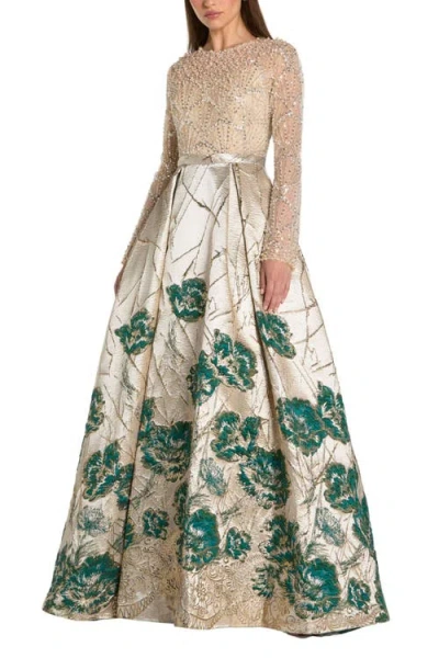 Mac Duggal Long Sleeve Embellished Floral Brocade Gown In Neutral