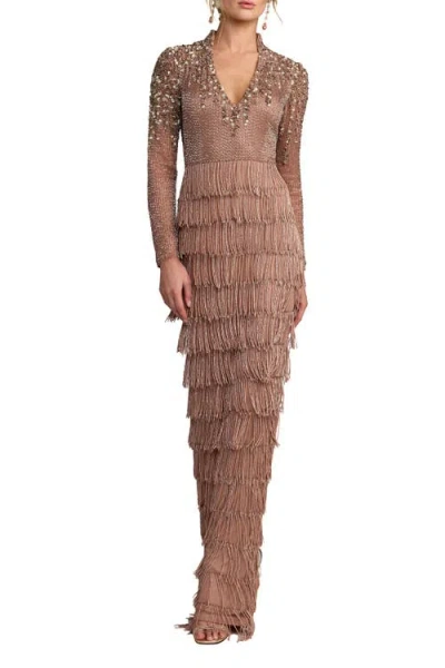 Mac Duggal Long Sleeve Embellished Fringe Gown In Brown