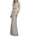 Mac Duggal Long Sleeve Embellished Gown In Platinum Gold
