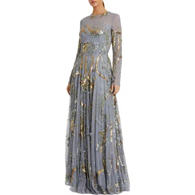 Mac Duggal Long Sleeve Embellished Illusion Evening Gown In Gray