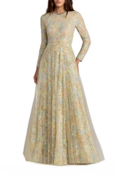 Mac Duggal Long Sleeve Embellished Lace A-line Gown In Yellow