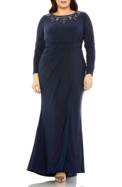 Mac Duggal Long Sleeve Embellished Neckline Jersey Gown In Blue