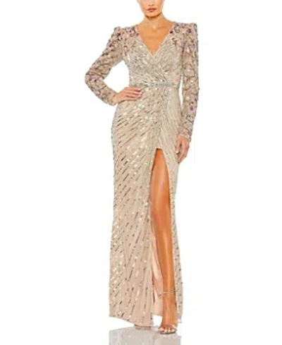 Mac Duggal Long Sleeve Embellished Puff Sleeve Faux Wrap Gown In Nude Multi