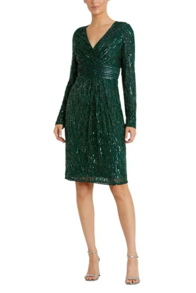 Mac Duggal Long Sleeve Embellished Sequin Cocktail Dress In Green
