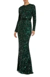 Mac Duggal Long Sleeve Embellished Sequin Gown In Green