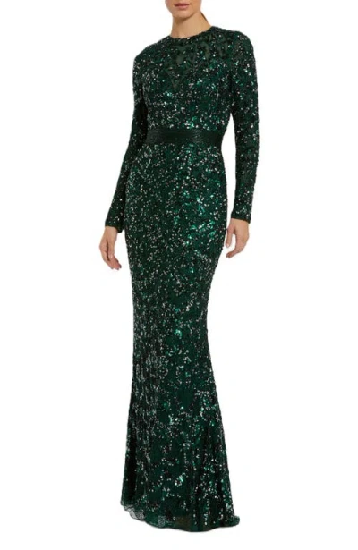 Mac Duggal Long Sleeve Embellished Sequin Gown In Green