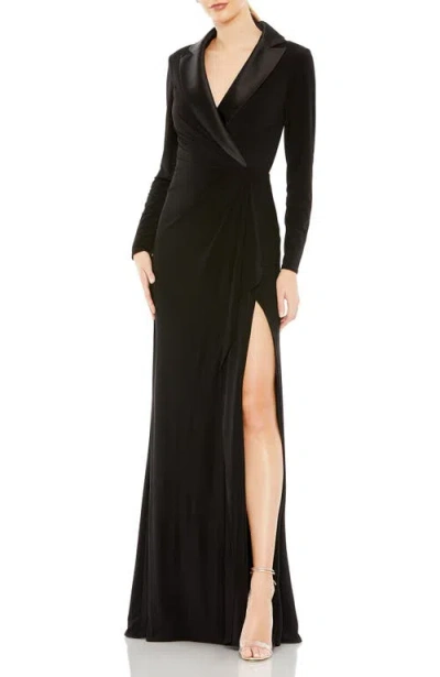 Mac Duggal Long Sleeve Faux Tuxedo Gown In Black