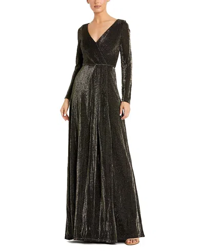 Mac Duggal Long Sleeve Faux Wrap A Line Gown In Black