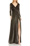 Mac Duggal Long Sleeve Faux Wrap A Line Gown In Blue