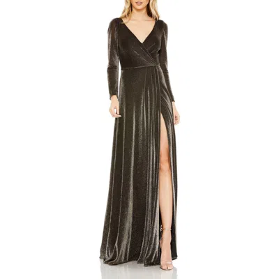 Mac Duggal Long Sleeve Faux Wrap A Line Gown In Green