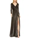 Mac Duggal Long Sleeve Faux Wrap A Line Gown In Metallic