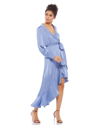 Mac Duggal Long Sleeve Faux Wrap Midi Dress In Blue