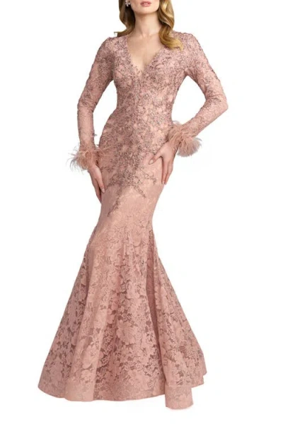 Mac Duggal Long Sleeve Feather Embellished Mermaid Gown In Pink
