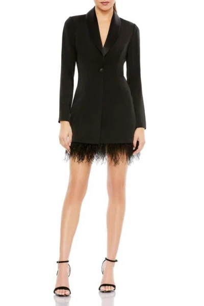 MAC DUGGAL MAC DUGGAL LONG SLEEVE FEATHERED TRIM TUXEDO DRESS