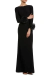 Mac Duggal Long Sleeve Fitted Jersey Gown With 3d Flowers In Black