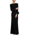 Mac Duggal Long Sleeve Fitted Jersey Gown With 3d Flowers In Black