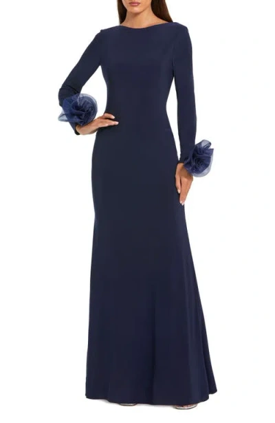 MAC DUGGAL MAC DUGGAL LONG SLEEVE FITTED JERSEY GOWN WITH 3D FLOWERS