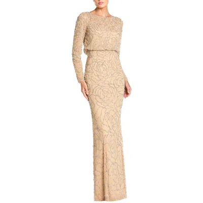 Mac Duggal Long Sleeve Floral Beaded Blouson Gown In Neutral