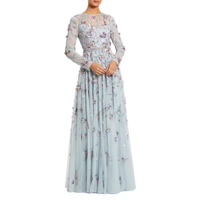 Mac Duggal Long Sleeve Floral Embellished Evening Gown In Blue