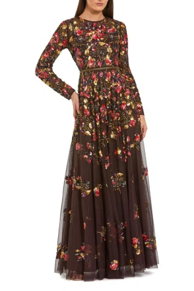 MAC DUGGAL MAC DUGGAL LONG SLEEVE FLORAL EMBELLISHED EVENING GOWN