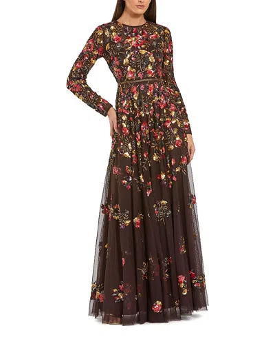 Mac Duggal Long Sleeve Floral Embellished Evening Gown In Multi
