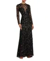 Mac Duggal Long Sleeve Floral Embellished Gown In Black Nude