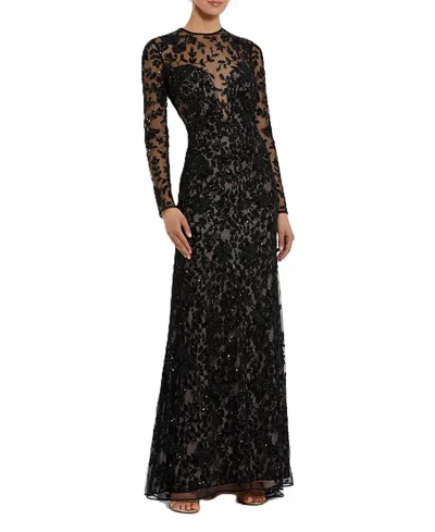 Mac Duggal Long Sleeve Floral Embellished Gown In Black Nude