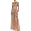 Mac Duggal Long Sleeve Floral Embellished Mesh A-line Gown