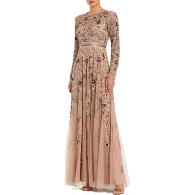 Mac Duggal Long Sleeve Floral Embellished Mesh A-line Gown