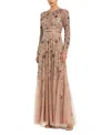 Mac Duggal Long Sleeve Floral Embellished Mesh A-line Gown