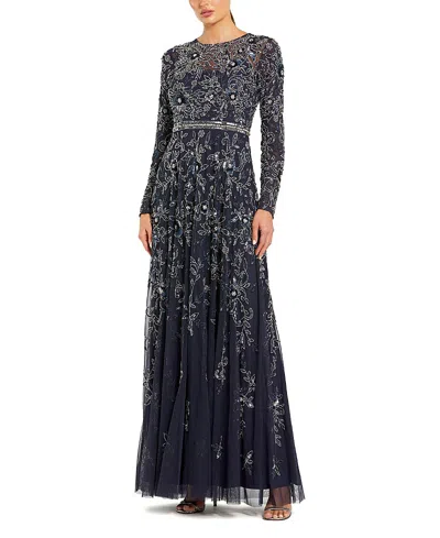 Mac Duggal Long Sleeve Floral Embellished Mesh A Line Gown In Blue