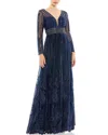 Mac Duggal Long Sleeve Floral Illusion Beaded Gown