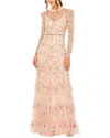 Mac Duggal High Neck Flutter Cap Long Sleeve Tiered Embellish In Neutral